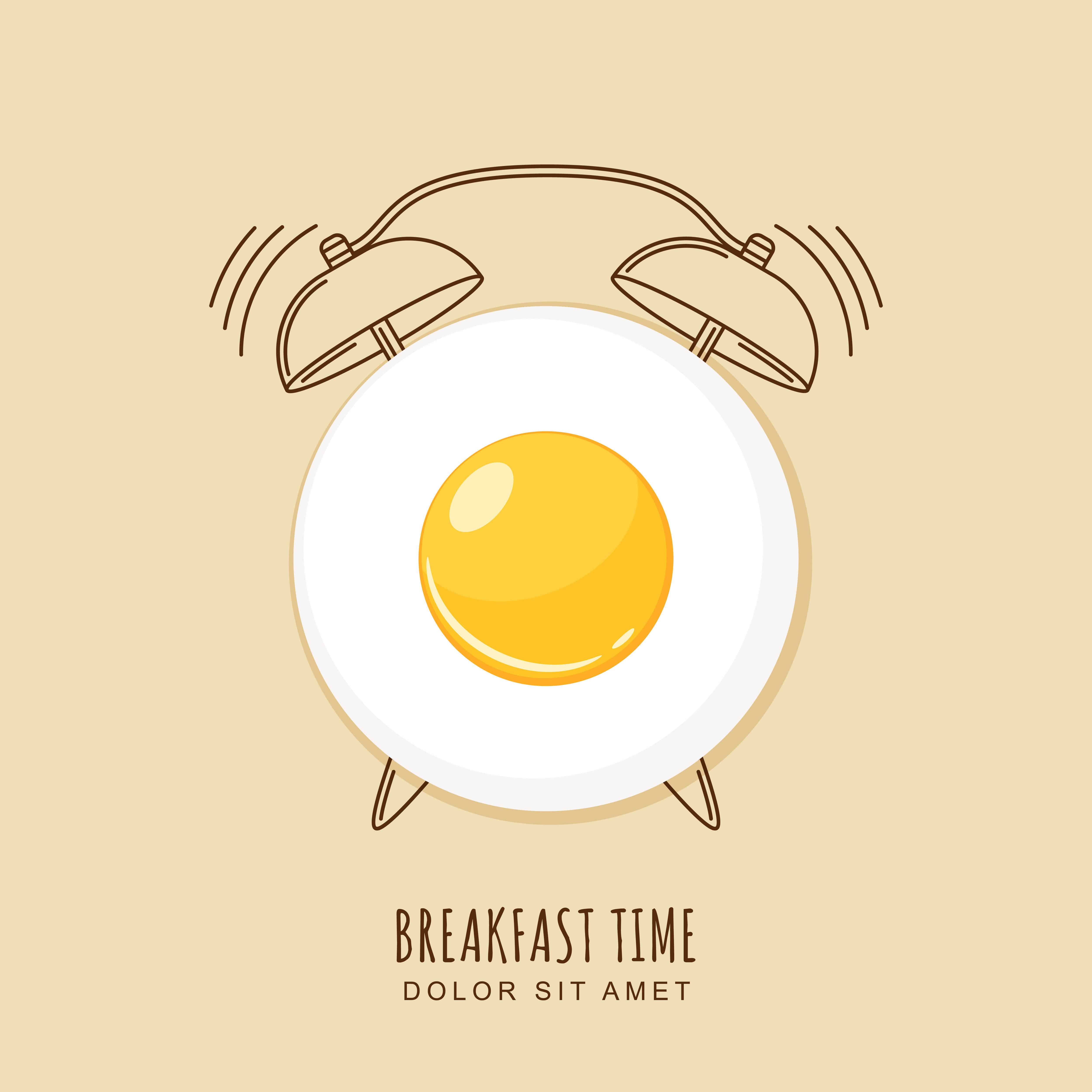 Fried egg and outline alarm clock, vector illustration of breakfast.